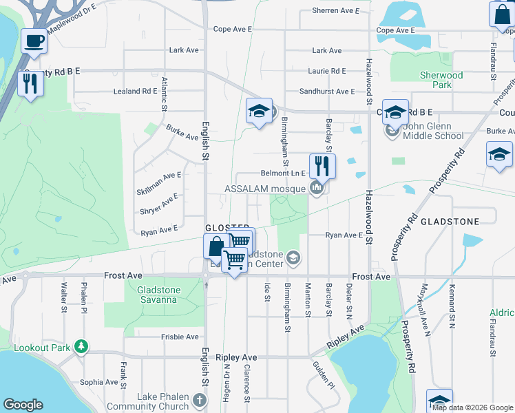 map of restaurants, bars, coffee shops, grocery stores, and more near 1383 Skillman Avenue East in Maplewood