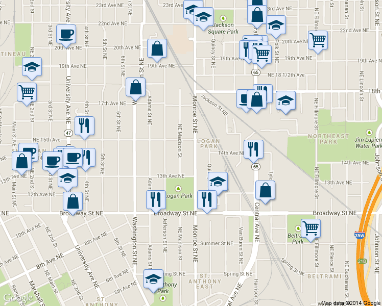 map of restaurants, bars, coffee shops, grocery stores, and more near 1429 Northeast Madison Street in Minneapolis