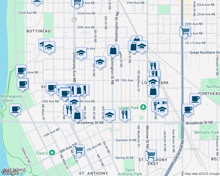 map of restaurants, bars, coffee shops, grocery stores, and more near 1432 Washington Street Northeast in Minneapolis