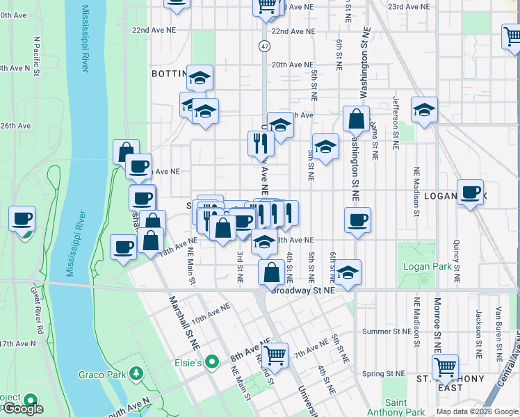 map of restaurants, bars, coffee shops, grocery stores, and more near 300 Northeast 15th Avenue in Minneapolis
