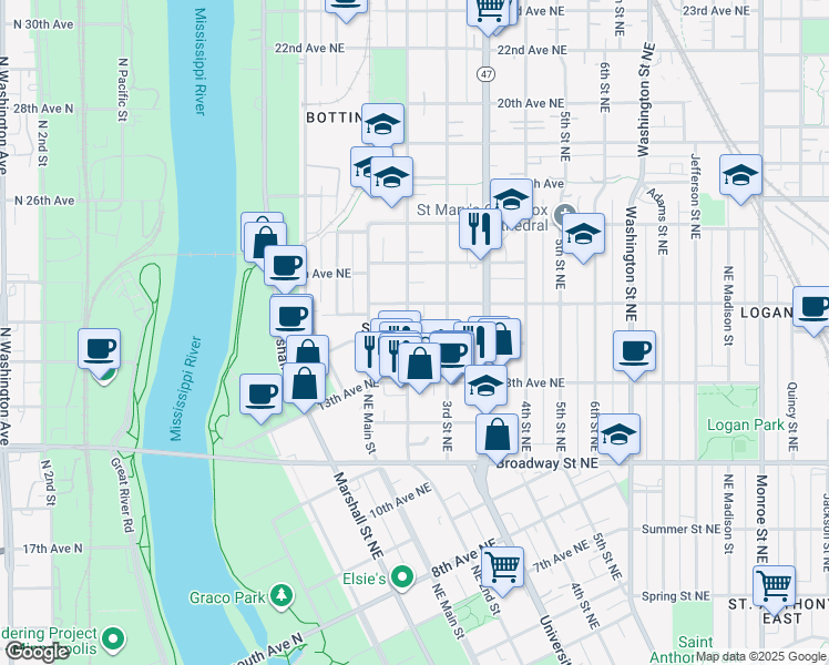 map of restaurants, bars, coffee shops, grocery stores, and more near 247 Northeast 15th Avenue in Minneapolis