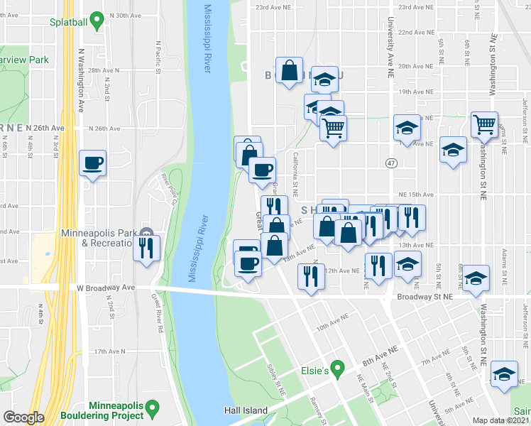 map of restaurants, bars, coffee shops, grocery stores, and more near 1503 Grand Street Northeast in Minneapolis