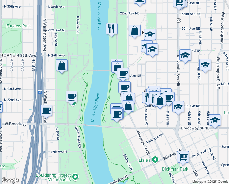 map of restaurants, bars, coffee shops, grocery stores, and more near 1500 Marshall Street Northeast in Minneapolis