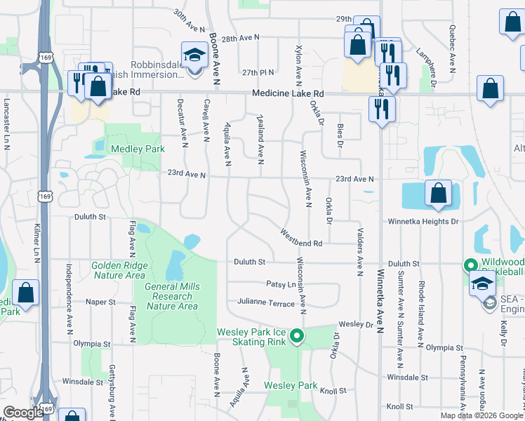 map of restaurants, bars, coffee shops, grocery stores, and more near 8430 Winnetka Heights Drive in Minneapolis