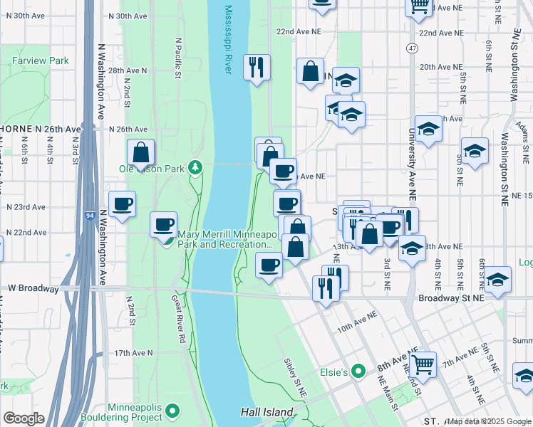 map of restaurants, bars, coffee shops, grocery stores, and more near 1434 Marshall Street Northeast in Minneapolis