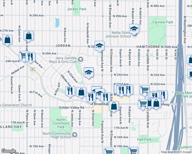 map of restaurants, bars, coffee shops, grocery stores, and more near 2406 North Girard Avenue in Minneapolis