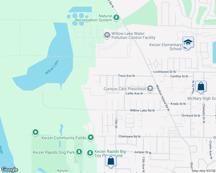 map of restaurants, bars, coffee shops, grocery stores, and more near 5425 Lakeport Street North in Keizer