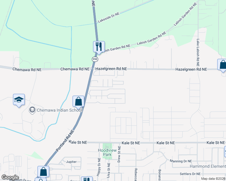 map of restaurants, bars, coffee shops, grocery stores, and more near 4355 Larch Loop Northeast in Salem
