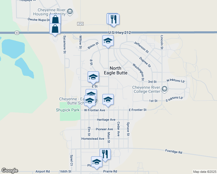 map of restaurants, bars, coffee shops, grocery stores, and more near 58 Main Street in Eagle Butte