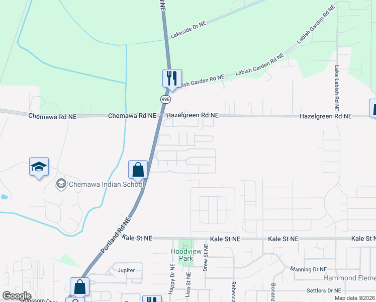 map of restaurants, bars, coffee shops, grocery stores, and more near 5585 43rd Way Northeast in Salem