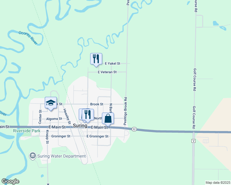 map of restaurants, bars, coffee shops, grocery stores, and more near 423 Peshtigo Brook Road in Suring