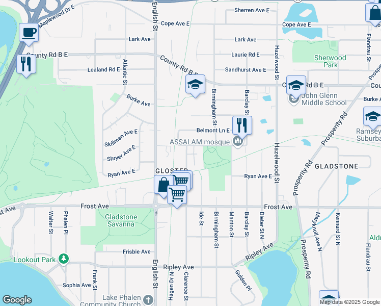 map of restaurants, bars, coffee shops, grocery stores, and more near 1347 Skillman Avenue East in Maplewood