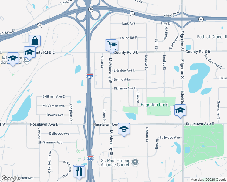 map of restaurants, bars, coffee shops, grocery stores, and more near 365 Skillman Avenue East in Maplewood