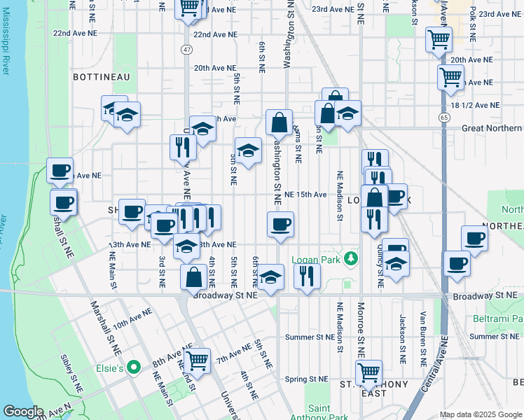 map of restaurants, bars, coffee shops, grocery stores, and more near 1432 Washington Street Northeast in Minneapolis