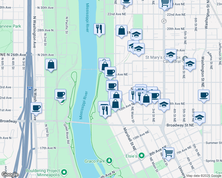 map of restaurants, bars, coffee shops, grocery stores, and more near 1500 Marshall Street Northeast in Minneapolis