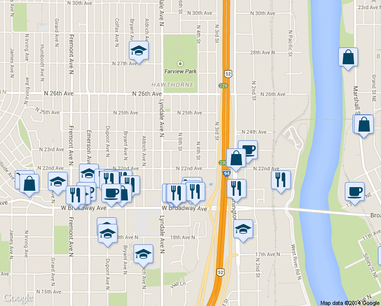 map of restaurants, bars, coffee shops, grocery stores, and more near 2311 North 4th Street in Minneapolis