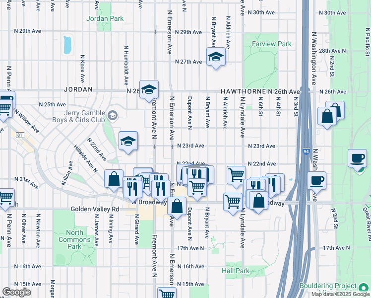 map of restaurants, bars, coffee shops, grocery stores, and more near 2306 North Dupont Avenue in Minneapolis