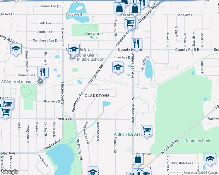 map of restaurants, bars, coffee shops, grocery stores, and more near 1699 Rosewood Avenue North in Maplewood