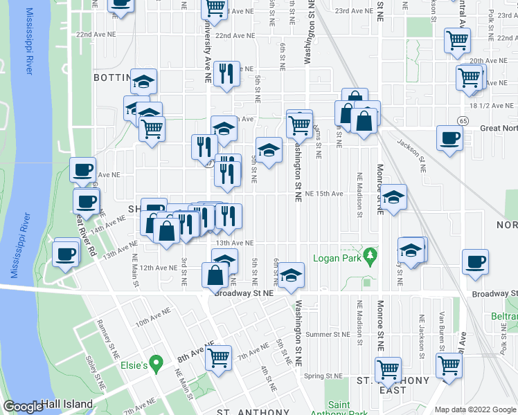map of restaurants, bars, coffee shops, grocery stores, and more near 1417 5th Street Northeast in Minneapolis