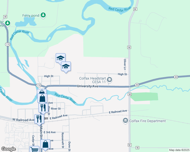 map of restaurants, bars, coffee shops, grocery stores, and more near 925 High Street in Colfax