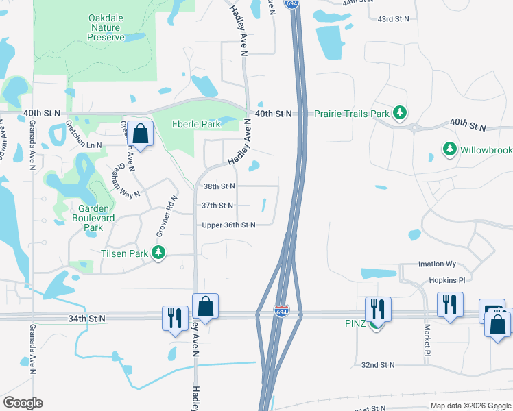 map of restaurants, bars, coffee shops, grocery stores, and more near 7171 38th Street North in Saint Paul