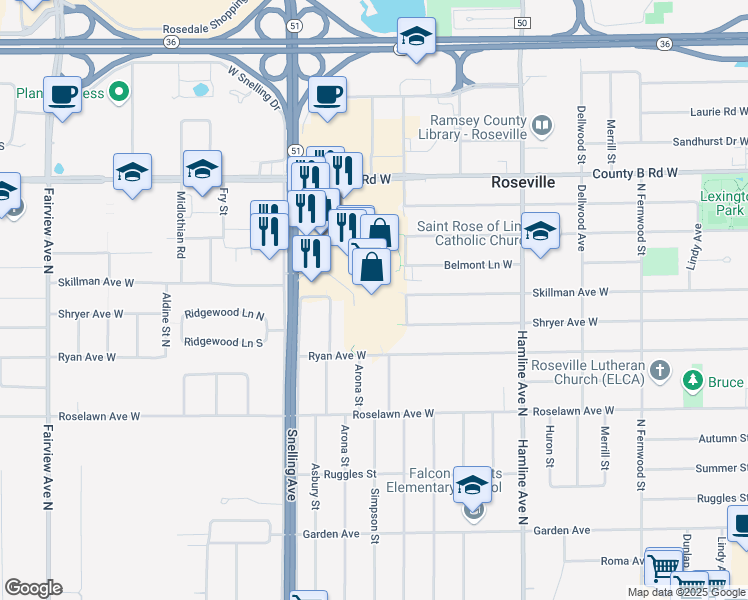 map of restaurants, bars, coffee shops, grocery stores, and more near 2100 Snelling Ave N in Roseville