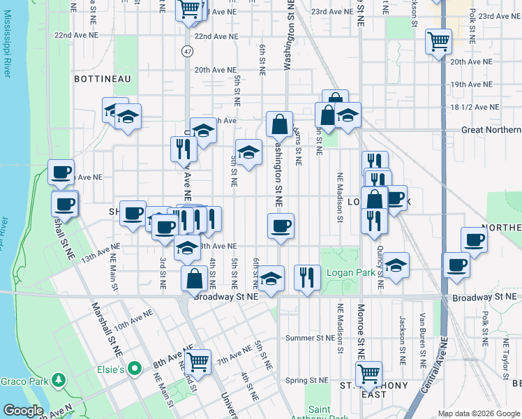 map of restaurants, bars, coffee shops, grocery stores, and more near 1432 Washington Street Northeast in Minneapolis
