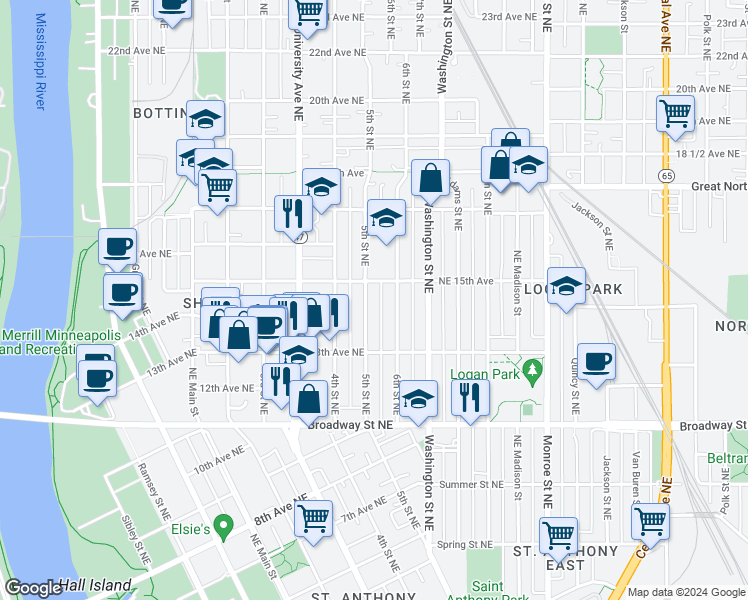 map of restaurants, bars, coffee shops, grocery stores, and more near 1430 6th Street Northeast in Minneapolis