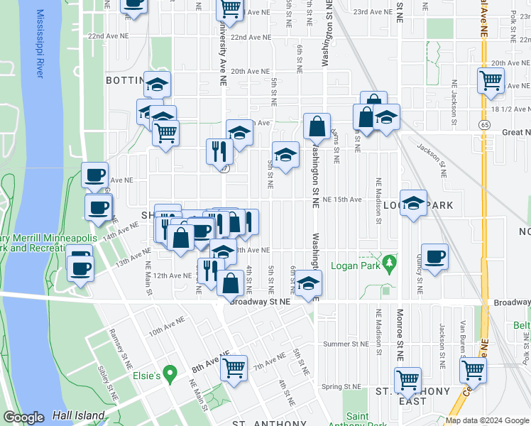map of restaurants, bars, coffee shops, grocery stores, and more near 1435 Northeast 15th Avenue in Minneapolis