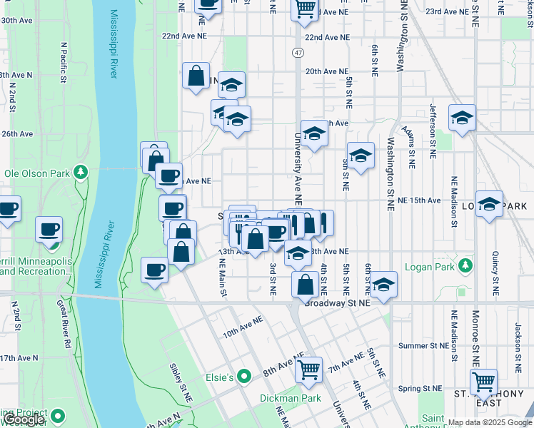 map of restaurants, bars, coffee shops, grocery stores, and more near 247 Northeast 15th Avenue in Minneapolis