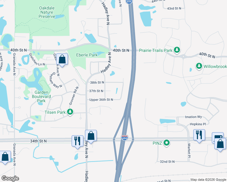 map of restaurants, bars, coffee shops, grocery stores, and more near 7171 38th Street North in Saint Paul