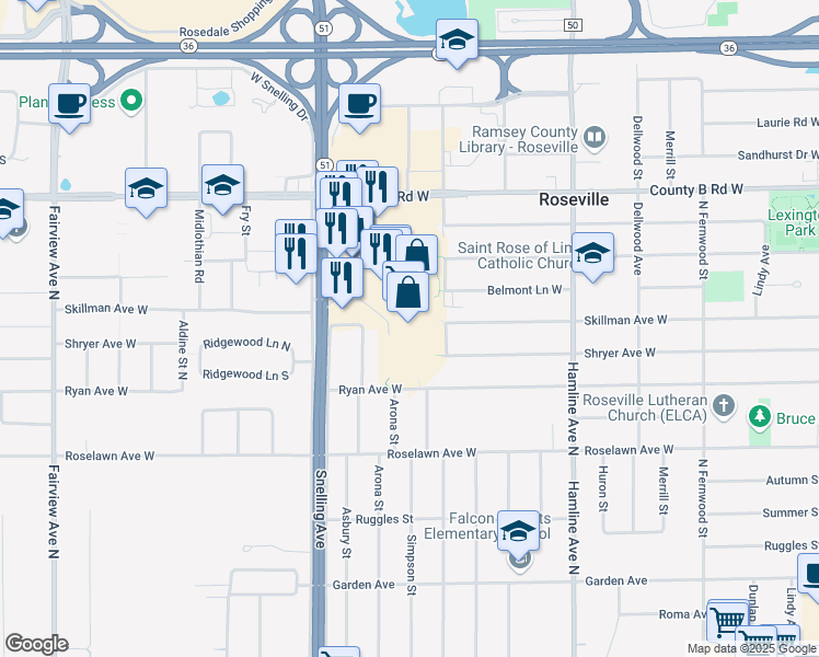 map of restaurants, bars, coffee shops, grocery stores, and more near 2100 North Snelling Drive in Roseville