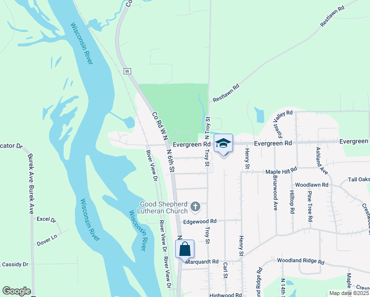 map of restaurants, bars, coffee shops, grocery stores, and more near 935 Evergreen Road in Wausau