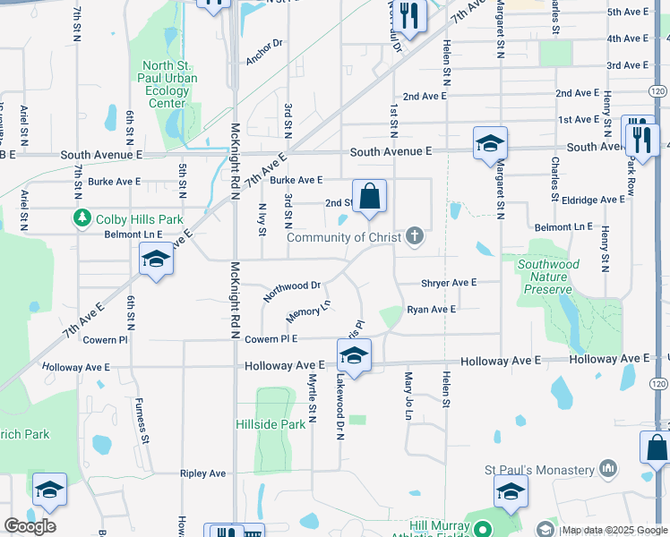 map of restaurants, bars, coffee shops, grocery stores, and more near 2379 Skillman Avenue East in Saint Paul