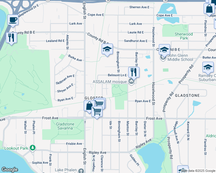 map of restaurants, bars, coffee shops, grocery stores, and more near 2025 Ide Street in Maplewood