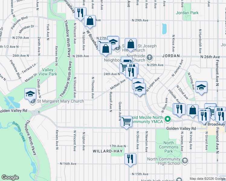 map of restaurants, bars, coffee shops, grocery stores, and more near 2300 1/2 Russell Avenue North in Minneapolis