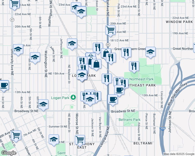 map of restaurants, bars, coffee shops, grocery stores, and more near 1400 Van Buren St NE in Minneapolis