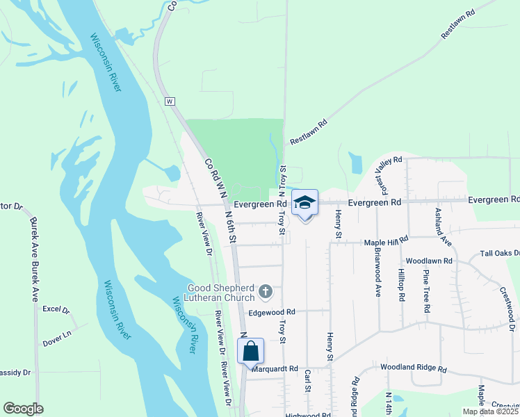 map of restaurants, bars, coffee shops, grocery stores, and more near 935 Evergreen Road in Wausau