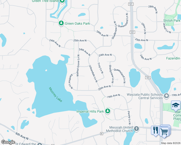 map of restaurants, bars, coffee shops, grocery stores, and more near 2205 Urbandale Lane North in Plymouth