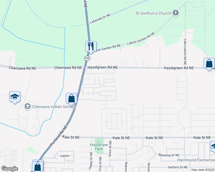 map of restaurants, bars, coffee shops, grocery stores, and more near 4355 Larch Loop Northeast in Salem