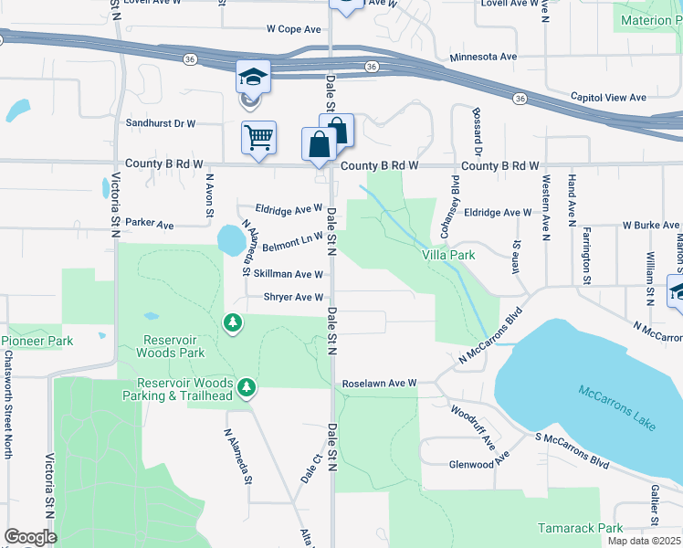 map of restaurants, bars, coffee shops, grocery stores, and more near 2056 Dale Street North in Roseville