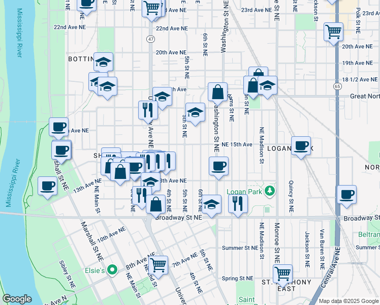map of restaurants, bars, coffee shops, grocery stores, and more near 1430 6th Street Northeast in Minneapolis