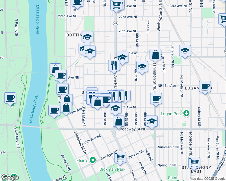 map of restaurants, bars, coffee shops, grocery stores, and more near 300 Northeast 15th Avenue in Minneapolis
