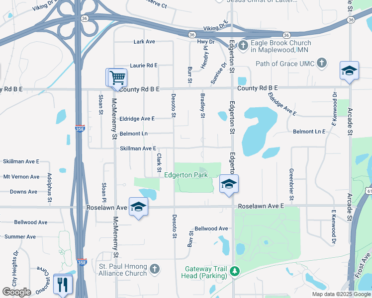 map of restaurants, bars, coffee shops, grocery stores, and more near 479 Skillman Avenue East in Maplewood