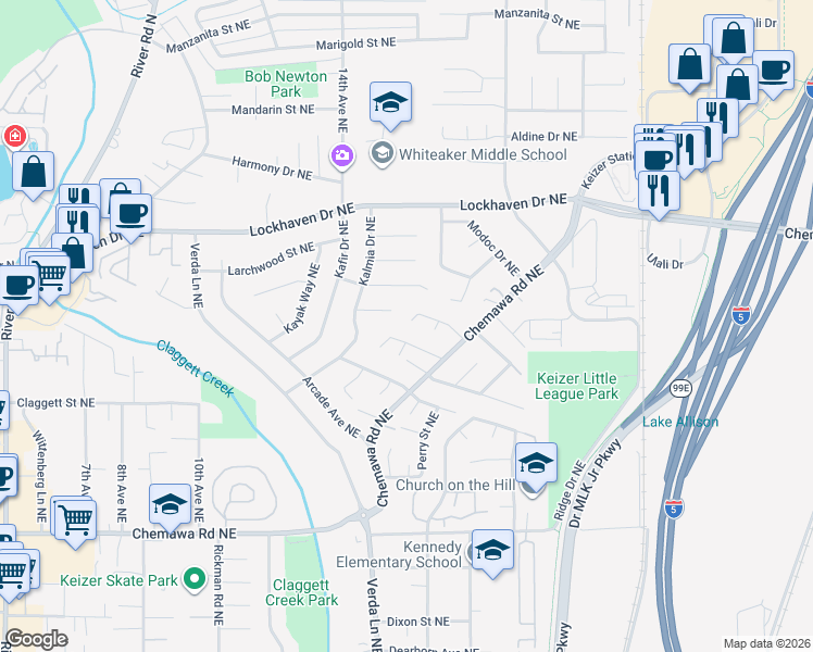 map of restaurants, bars, coffee shops, grocery stores, and more near 5486 Chetco Court Northeast in Keizer