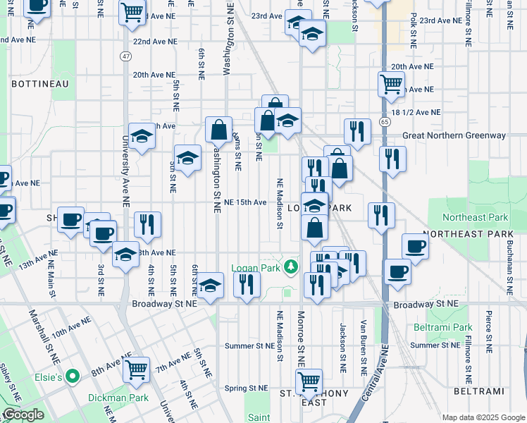 map of restaurants, bars, coffee shops, grocery stores, and more near 1421 Jefferson Street Northeast in Minneapolis