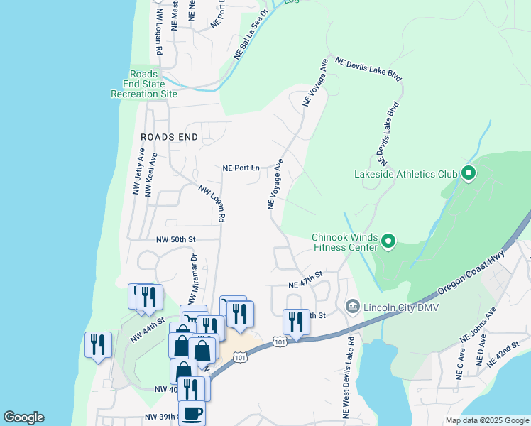 map of restaurants, bars, coffee shops, grocery stores, and more near 5175-5195 Northeast Voyage Avenue in Lincoln City