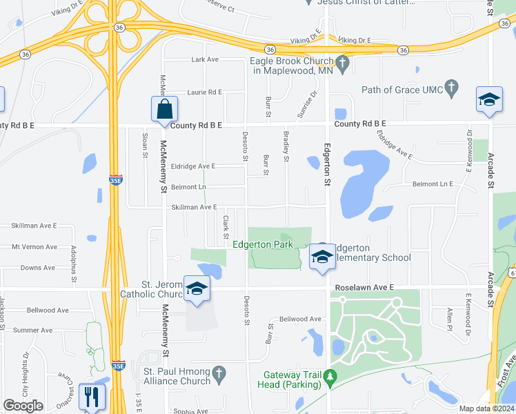 map of restaurants, bars, coffee shops, grocery stores, and more near 479 East Skillman Avenue in Saint Paul