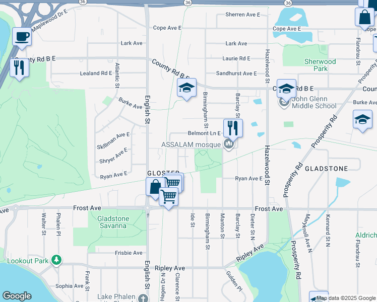 map of restaurants, bars, coffee shops, grocery stores, and more near 2025 Ide Street in Maplewood