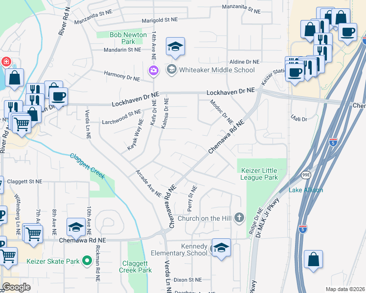 map of restaurants, bars, coffee shops, grocery stores, and more near 5486 Chetco Court Northeast in Keizer